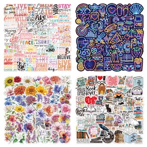 50 holographic vinyl stickers for luggage featuring flowers, quotes, and reading themes