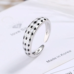 Minimalist checkerboard enamel S925 silver open ring with black and white pattern