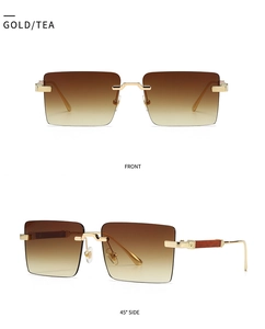 Vorder- und 45-Grad-Seitenansicht der gold randlose Sonnenbrille mit braunem Verlaufsglas
