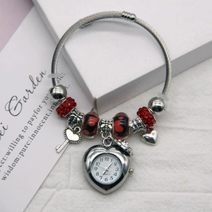 Creative beaded flower charm watch with heart quartz dial and silver open bangle strap