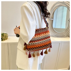 Ethnic style shoulder bag with colorful geometric patterns and decorative tassels shown on a model