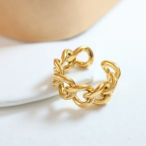 Gold-plated Cuban link chain open ring with polished twist texture for women