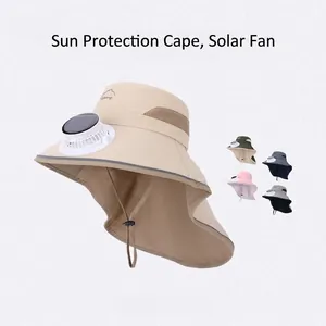 Kids Outdoor Sun Hat Nylon Wide Brim Solar Powered Fan Neck Flap Breathable Fisherman Hat For Boys Girls