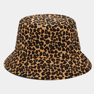 Close-up of leopard print bucket hat showing detailed fabric texture and fine stitching