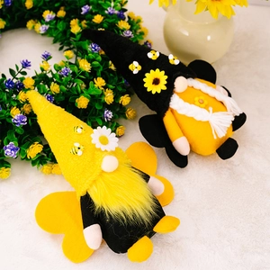 Detailed view of bee gnomes with sunflower accents and wings on white faux fur background