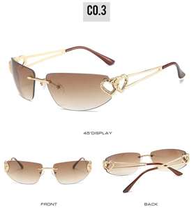 Vue triple des lunettes sans monture décor cœur avec verres dégradés marron et branches dorées