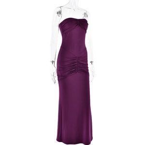 Detail view of deep purple bodycon tube maxi dress featuring ruched slimming texture