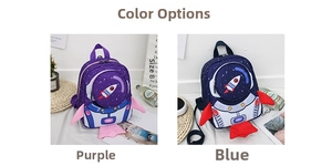 Detailed comparison of rocket-shaped toddler backpacks in vibrant purple and blue colors