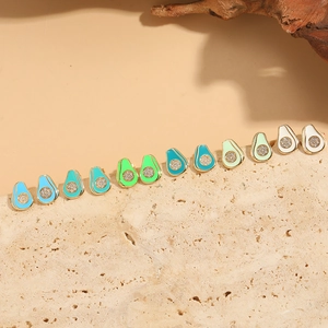 French Vintage Avocado Shape Stud Earrings Colorful Enamel Copper Zirconia Inlaid Fruit Design Fashion Jewelry For Women
