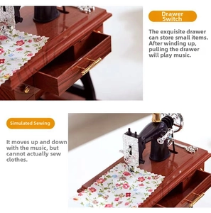 Close-up of vintage sewing machine music box with wooden texture and working metal parts