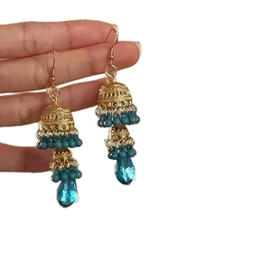 Ethnic gold hollow bell tassel earrings with blue beads and water drop crystals