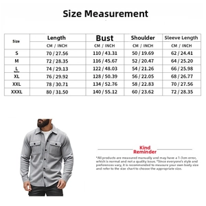 Size chart table for men's fleece jacket showing measurements in cm and inches