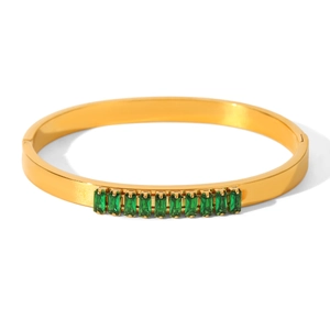 Minimalist 18k gold plated stainless steel bangle featuring rectangle green zircons