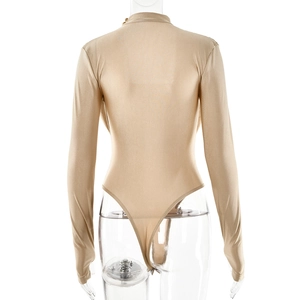 Rear view of champagne long sleeve bodysuit featuring high-cut design and glossy fabric