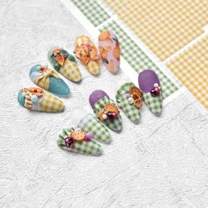 Sweet French plaid press-on nails with 3D fruit, cookies, pearls and bow accents