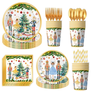 Christmas nutcracker party tableware set with white plates, golden cutlery and festive cups
