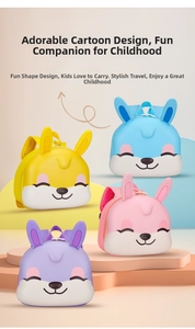 Detail view of cute animal-themed EVA backpacks for kids in four assorted pastel colors