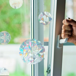 Rainbow prism window stickers in round mosaic design for sun protection and safety