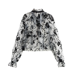 Women's sexy sheer mesh top featuring black floral print and tie-up stand collar