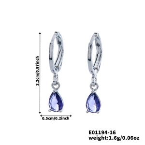 Detailed view of purple teardrop crystal earrings with silver-tone metal and size specs