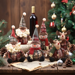 6-piece Christmas plush doll set with Santa, Snowman, and Reindeer in red plaid fabric