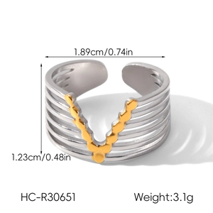 Detail showing dimensions and silver-gold tone V-shape pattern on stainless steel ring