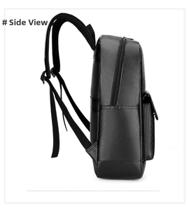 Side view of black PU leather business backpack showing zippers and side pocket detail