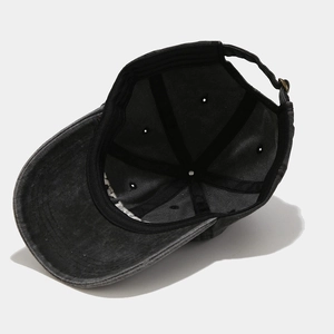 Vintage washed dark grey denim baseball cap with adjustable metal buckle and stitching