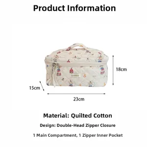 Quilted cotton makeup bag with circus animal prints and dual zipper detail
