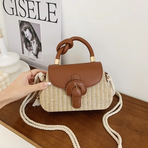 Women Straw Woven Shoulder Bag Patchwork PU Leather Knotted Handle Crossbody Handbag Summer Beach Vacation Casual