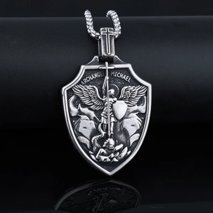 Detailed relief of Archangel Michael on silver shield pendant with matching steel chain