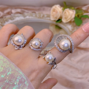 Elegant Large Imitation Artificial Pearl Ring For Women Light Luxury Floral Spiral Zircon Inlaid Plated Jewelry Accessory Gift