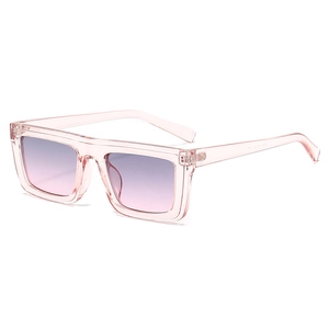 Pink transparent square frame hip-hop sunglasses with purple gradient lenses in 45-degree view