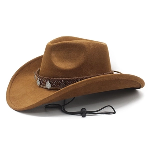 Close-up of brown western cowboy hat with ethnic braided band and vintage metal studs