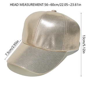 Metallic gold PU leather baseball hat with detailed size measurements and dimensions