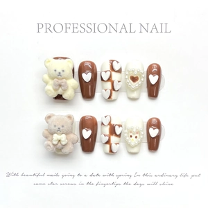Handmade Press On Nails 3D Flocked Bear Artificial Pearl Heart Checkerboard Brown White Sweet Square Fake Nails For Women