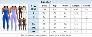 Size chart for sleeveless rib-knit jumpsuit showing bust, waist and hip measurements