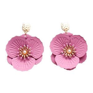 Pink oversized floral earrings with white faux pearl center and gold stud details