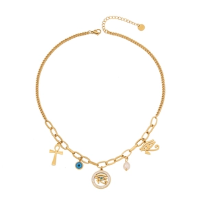 Golden Cuban link necklace with Horus Eye pendants, Ankh cross, and pearl on white background