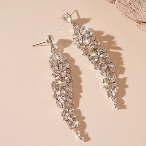 Elegant floral tassel earrings with sparkling rhinestones in a luxury silver-tone finish