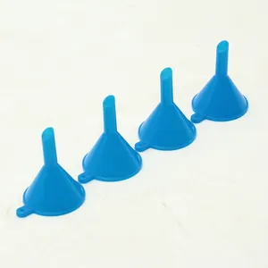 Detail view of 4-piece set of blue translucent PP plastic mini funnels for cosmetic liquids