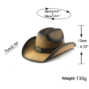 Brown gradient western cowboy hat with bull head buckle and leather strap for sun protection