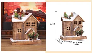 Macro detail of wooden Christmas cottage with snow roof showing 37cm height dimensions