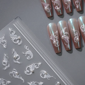 5D relief nail stickers with white vintage floral patterns and 3D pearls for DIY manicures
