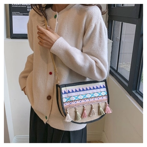 Detail of bohemian crossbody bag featuring ethnic embroidery and colorful tassels