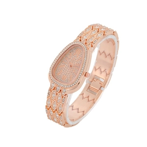 Luxury rose gold snake-shaped watch for women with full diamond-encrusted dial and strap