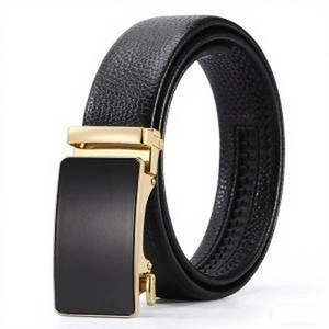 Men's automatic belt with black textured strap and gold-tone buckle on white background