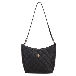 Quilted black shoulder bucket bag with elegant golden rose metallic buckle closure