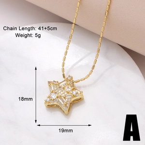 Detailed view of zircon star pendant necklace with dimensions 18mm by 19mm in gold