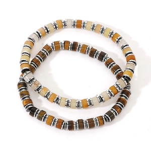 Tiger eye and cylinder natural stone beaded bracelet set with metallic spacers